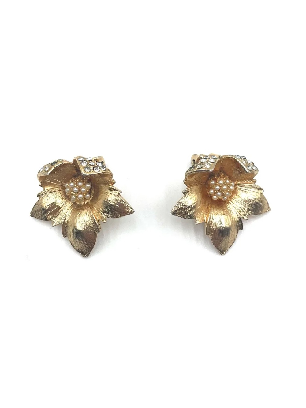 Vintage Gold Tone Floral Clip-On Earrings with Faux Pearl & Rhinestone Detail